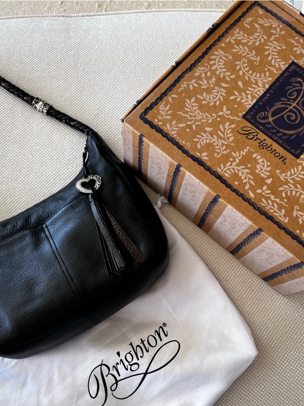 Brighton Black Leather Hobo Bag with Tassel and Heart Charm